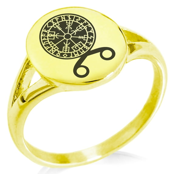 Stainless Steel Binding Vegvisir Troll Cross Runic Viking Minimalist Oval Top Polished Statement Signet Ring