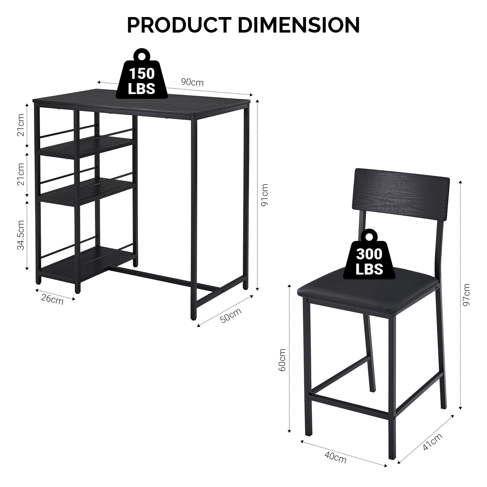 Ktaxon 3 Pieces Dining Table Set for 2, Counter Height Bar Table Set with Storage Shelves, Pub Table and Padded Chairs for Dining Room, Kitchen, Modern Black
