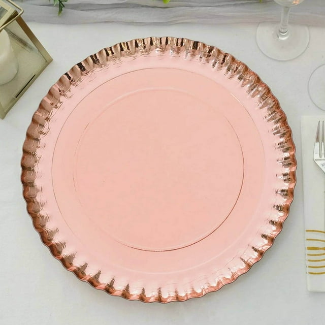 HLONK 10 Pack - 13” Blush/Rose Gold Cardboard Charger Plates Disposable Round Serving Tray with Scalloped Rims - 1100 GSM for Wedding Receptions Banquets Catered Events