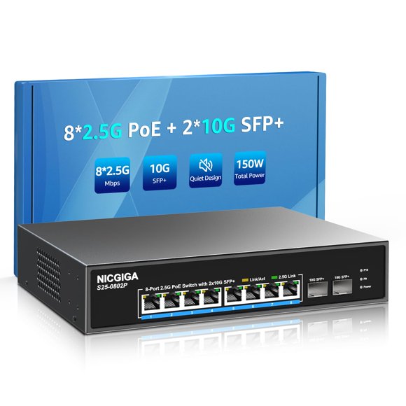 NICGIGA Switch PoE de 10 puertos y 2,5 Gb, 130 W, 2x SFP+ de 10G
