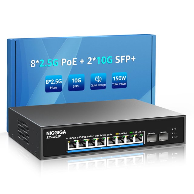 NICGIGA Switch PoE de 10 puertos y 2,5 Gb, 130 W, 2x SFP+ de 10G