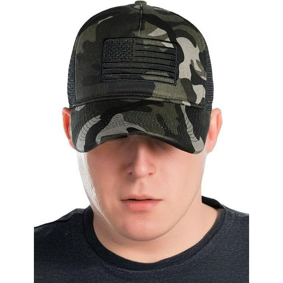 Structured Cotton Mesh 5 Panel Vintage Trucker Hat: American Flag - Camo Black