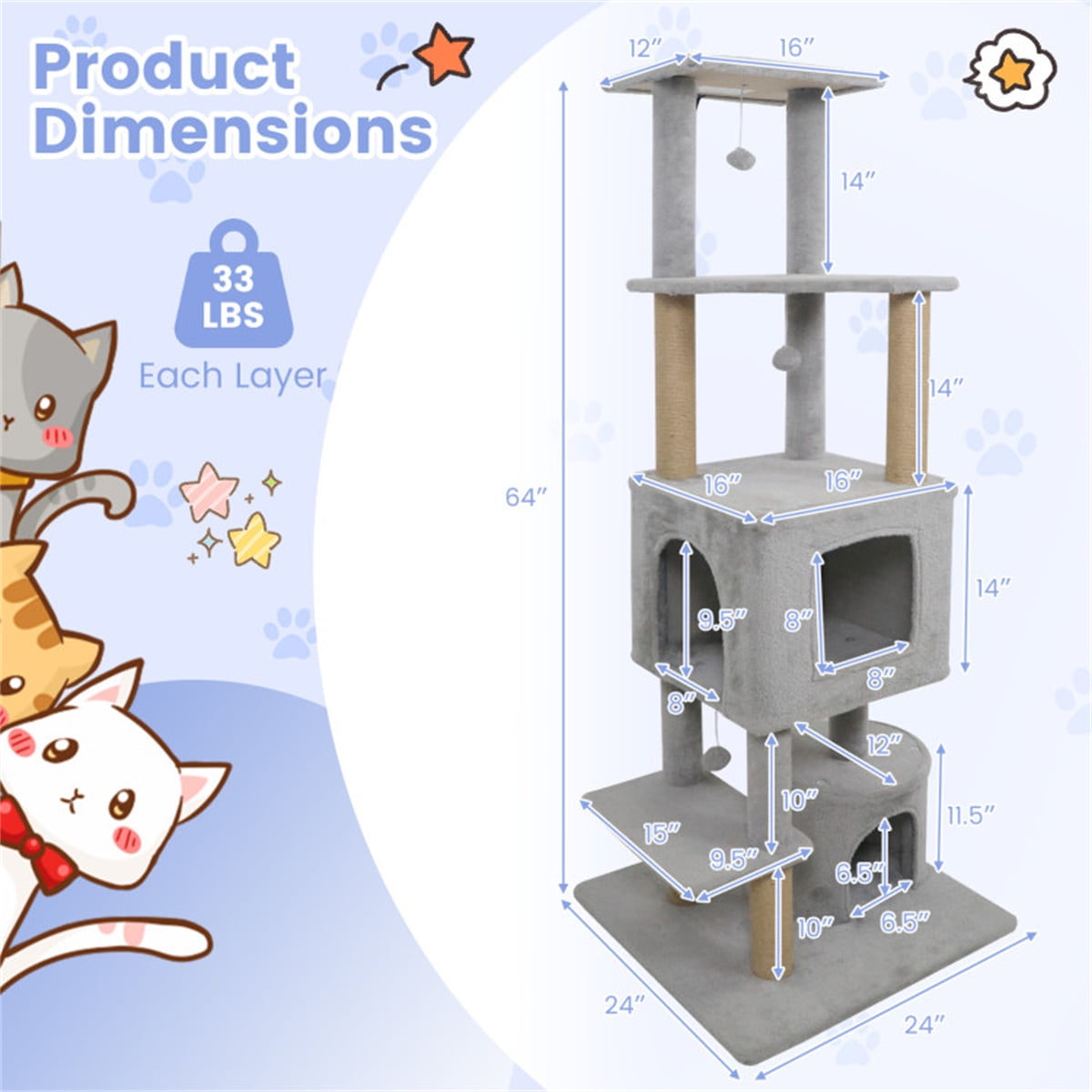 Light Gray 64 Inch Cat Tower with Plush Perches 3 Dangling Balls Jute Scratching Posts and Anti Tipping Device for Multi Cat Households