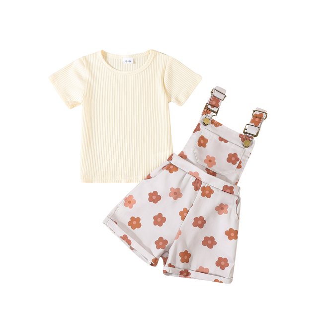 FAROOT Toddler Girl Summer Outfit Ribbed Short Sleeve Tops + Flower Print Suspender Shorts Overalls Cute Clothes