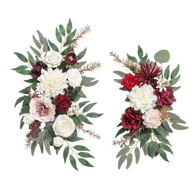 2Pcs Artificial Flower Swag Wedding Arch Wreath for Ceremony Wall Farmhouse Red White