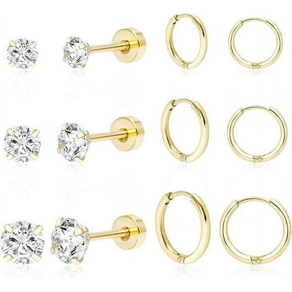 Knubmt 6 Pairs 14K Gold Plated Set Flat Back Stud Earring 316L Stainless Steel Small Hoop Earrings for Women Men, Gold