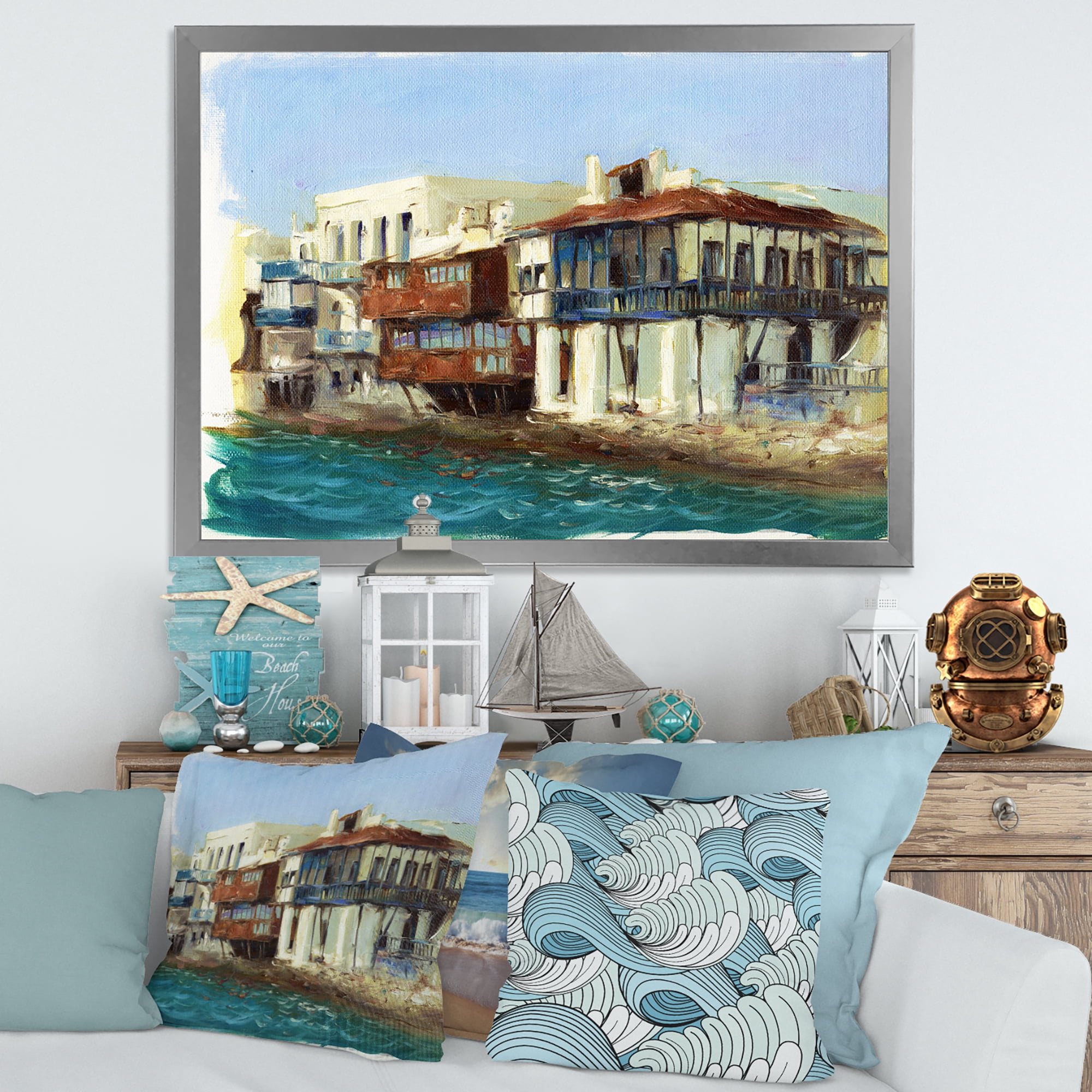 Designart 'Impression Old Houses On The Island of Mykonos Greece' Nautical & Coastal Framed Art Print