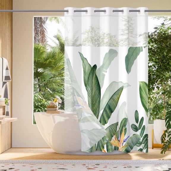 Mizhona Green Hookless Shower Curtain with Snap in Liner Tropical Plant Leaves No Hook Fabric Bathroom Curtain,71"× 74"