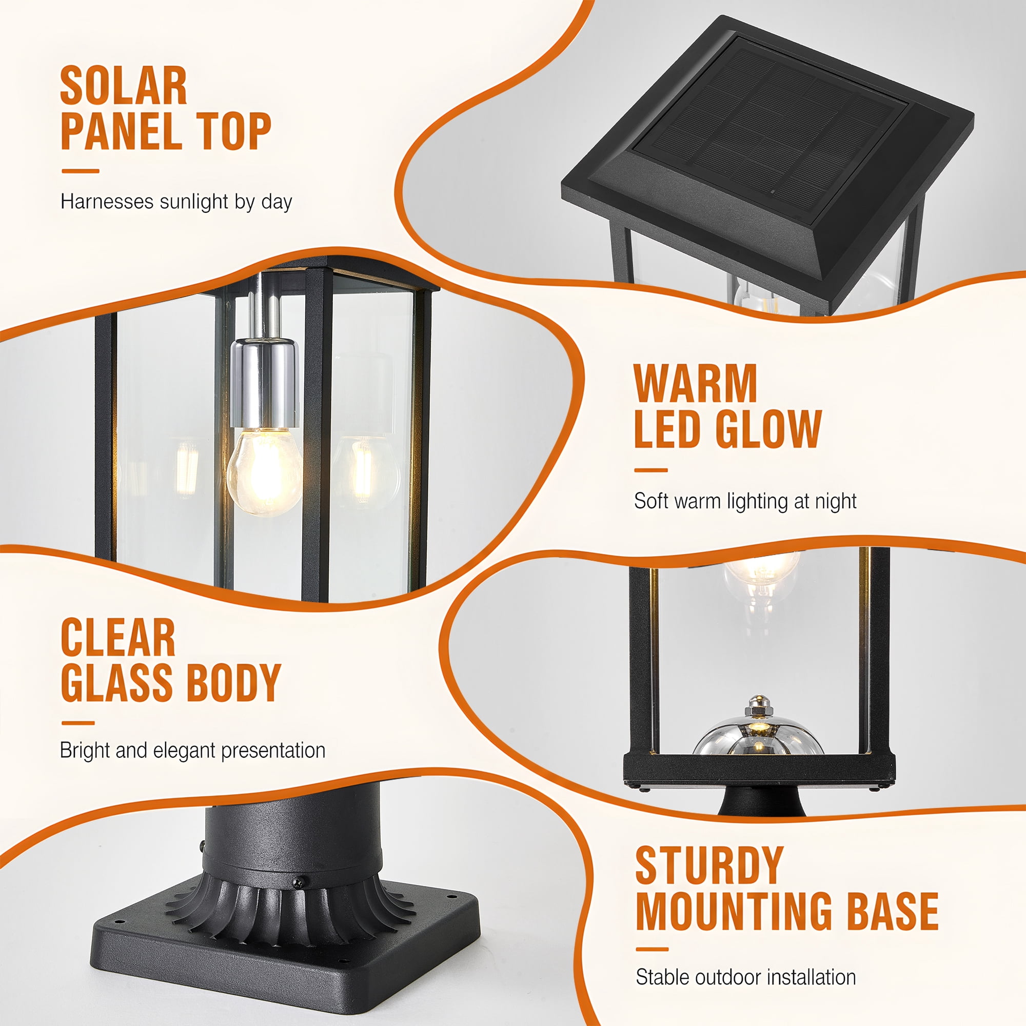 Dusk to Dawn Outdoor Post Light with Pier Mount Base and Glass Panels, Hardwired Aluminum Pole Lamp for Garden, Black