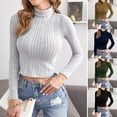 thumbnail image 3 of Suéter corto para mujer, cuello alto de punto acanalado, camisetas de manga larga, jersey ajustado a Abanopi Negro/Medio, 3 of 7