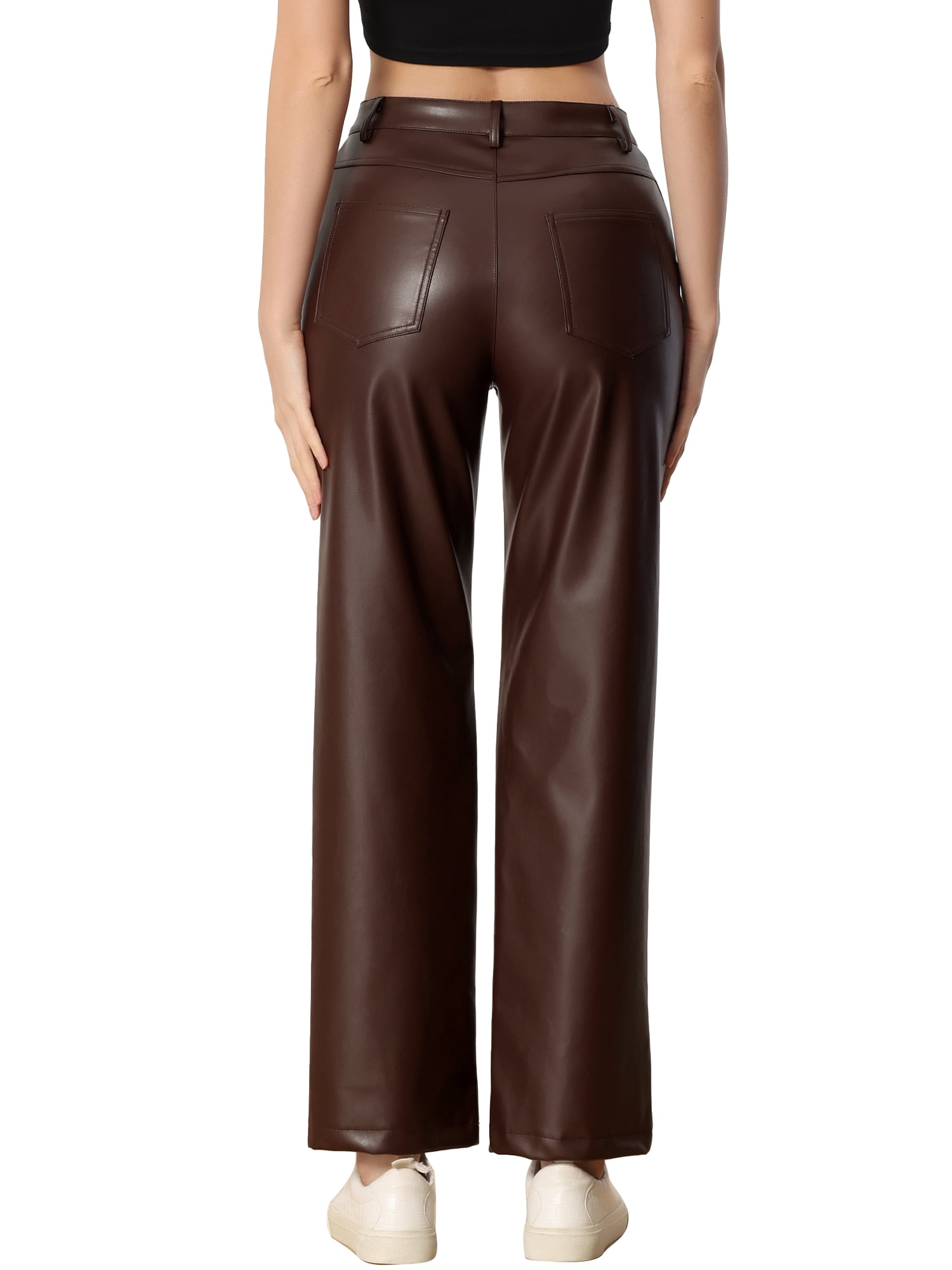 DARING DIVA Faux Leather Pants for Women's High Waist Straight Leg Punk PU Trousers M Brown