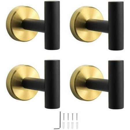 

Bath Towel Hooks- Sus 304 Stainless Steel Robe Hook Holder Heavy Duty Coat Hook For Bathroom Livingroom Hotel Kitchen Garage Wall Mounted- 4 Pack (Black And Gold)