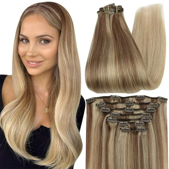 Full Shine Clip in Human Hair Extensions Balayage Color 10 Golden Brown Fading to 16 Golden Blonde Highlight 16 Blonde Double Weft Invisible Clip in 12 Inch for Women Adult