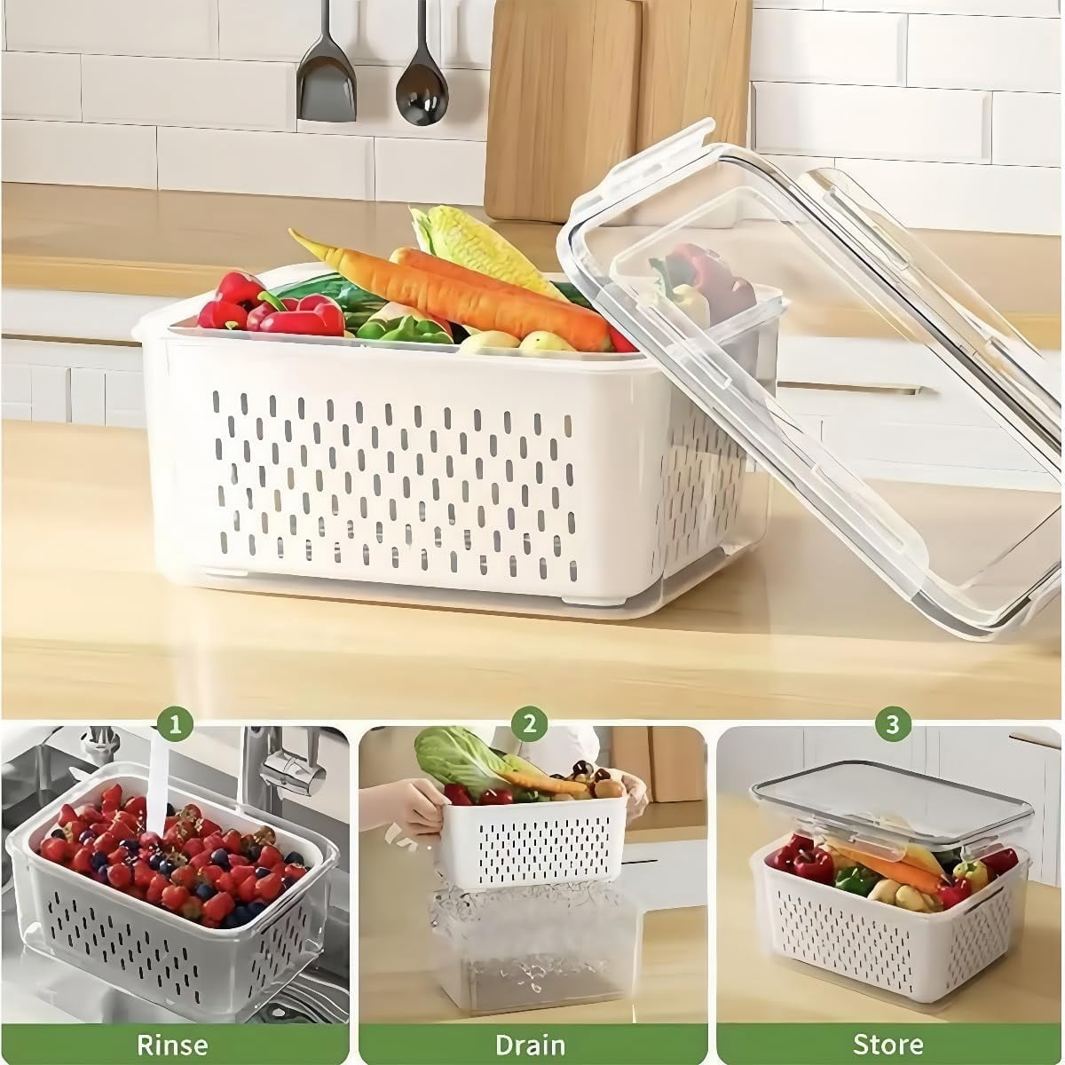 4 in 1 Food Storage Container, Fruit Storage Containers for Fridge, Produce Storage Containers with Lid and Strainer, Including Drain Basket, Kitchen Organizer