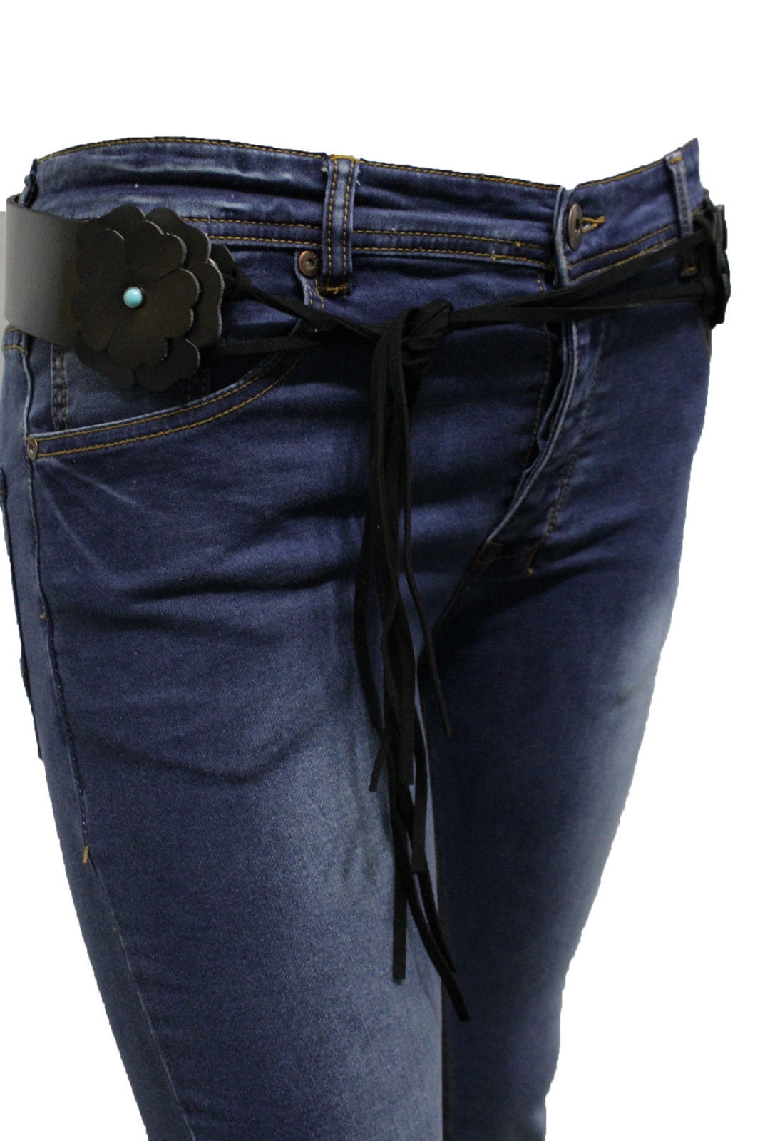 Women Bohemian Fashion Fringes Tie Belt Black Faux Leather Western Style M L XL Women Bohemian Fashion Fringes Tie Belt Black Faux Leather Western Style M L XL