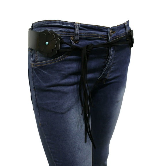 New Women Bohemian Fashion Tie Belt Black Faux Leather Band Flowers Size S M L