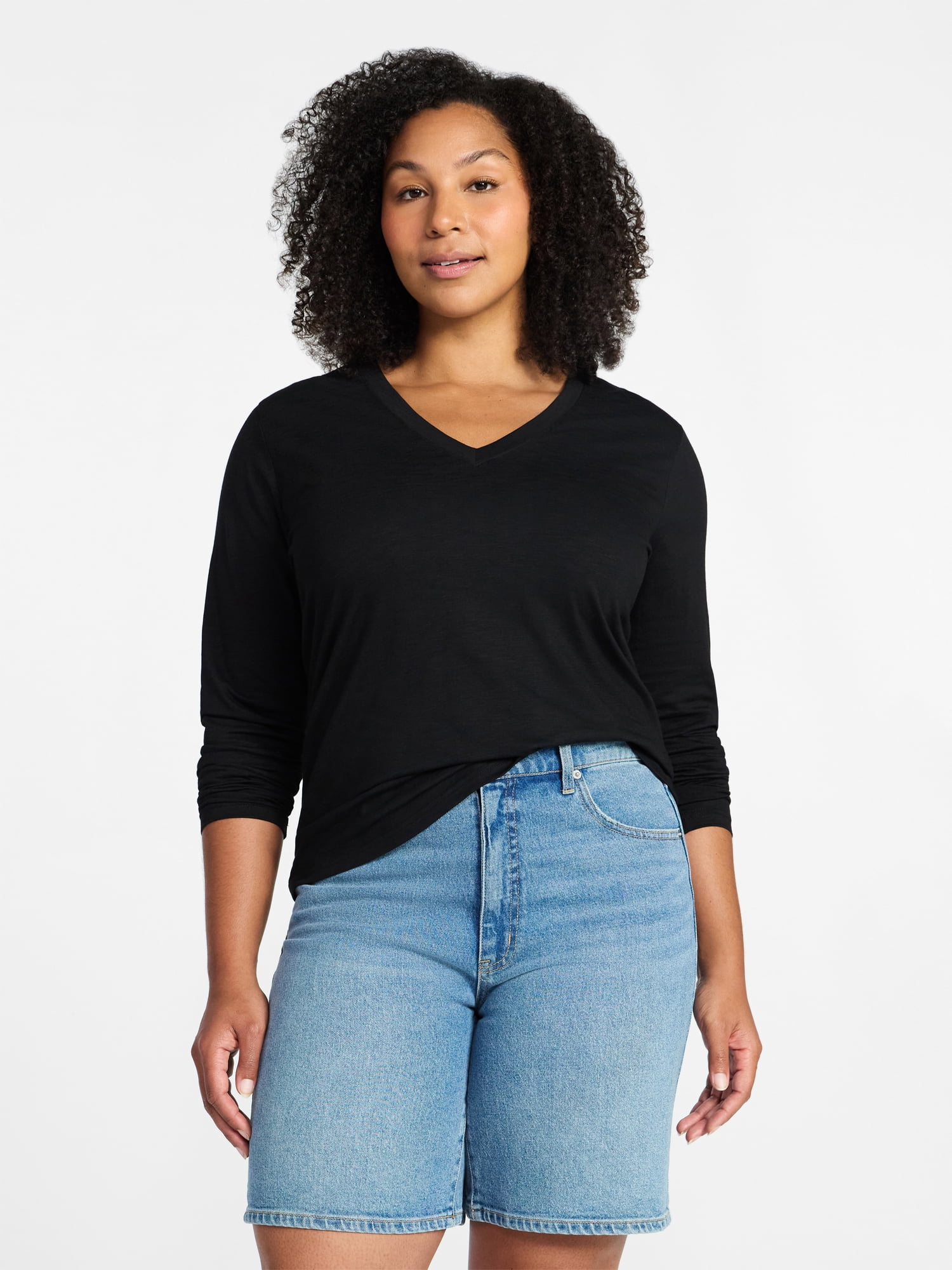 Time and Tru Women's Slub V-Neck Tee with Long Sleeves, Sizes XS-XXXL