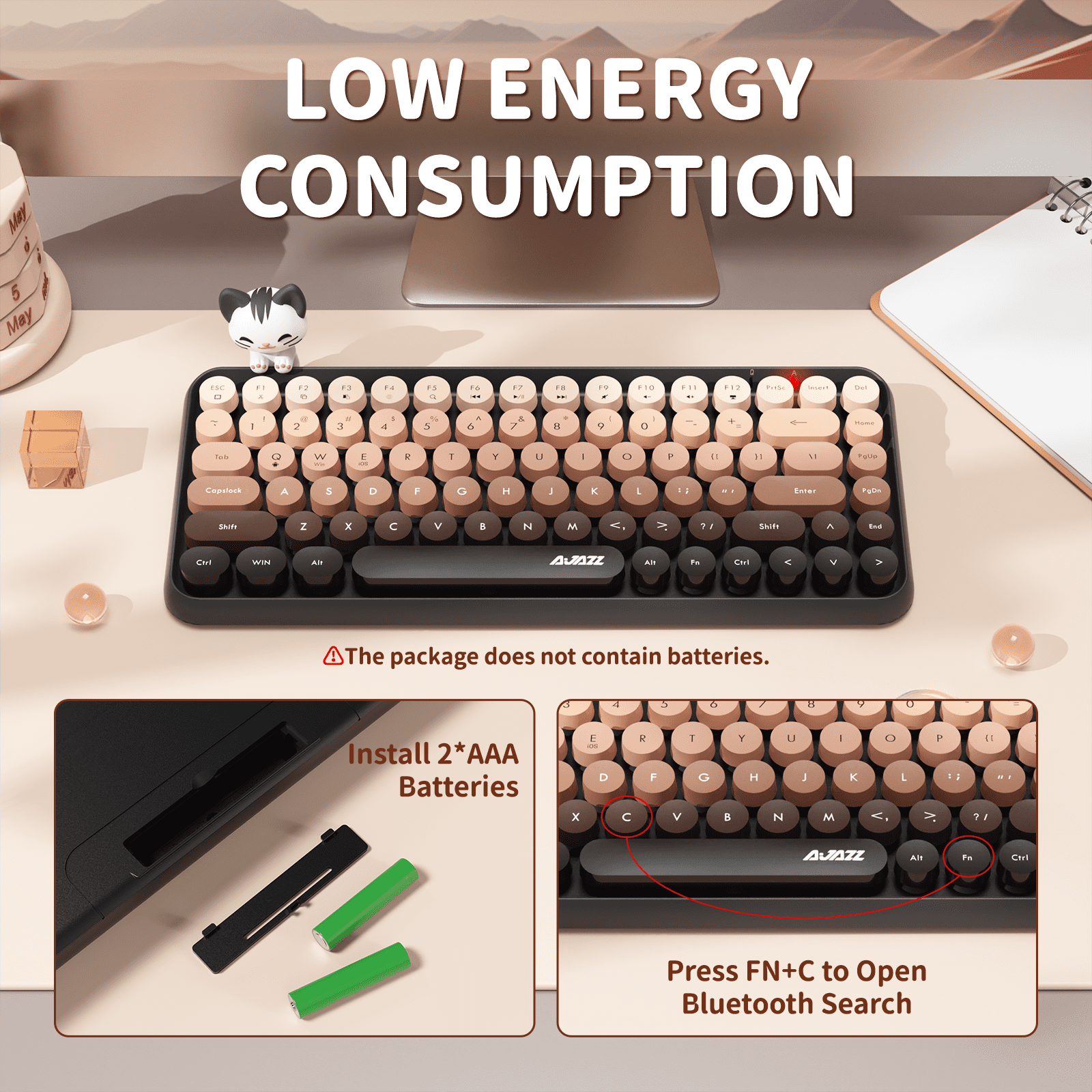 Ajazz 308i Retro Wireless Bluetooth Silent Computer Keyboard with Round Punk Compact 84 keys, Lightweight, Matte Texture, Typewriter Design, Cute Magnetic Cat Ornaments for PC, Laptop - Pink