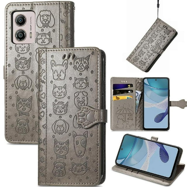 Funda Cartera FOXDOCK para MOTO G53 5G , Flip PU con Relieve de Gatos y Perros, Tarjetero y Soporte