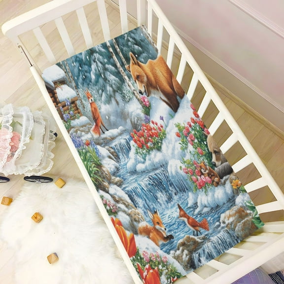 BZSMCE Ultra Soft Fitted Microfiber Crib Sheets for Newborn Baby Boys Girls Winter Scene with Animals Cabin Design Cute Pattern