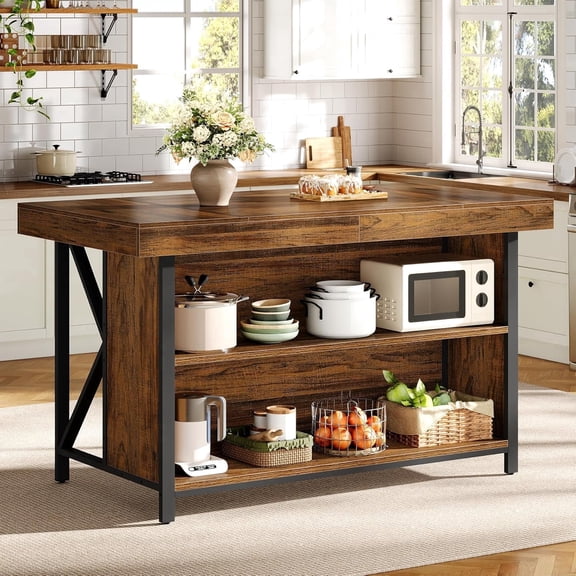 Finmind 55" Kitchen Island with Storage, 3-Tier Industrial Wooden Island Table with Metal Frame, Brown