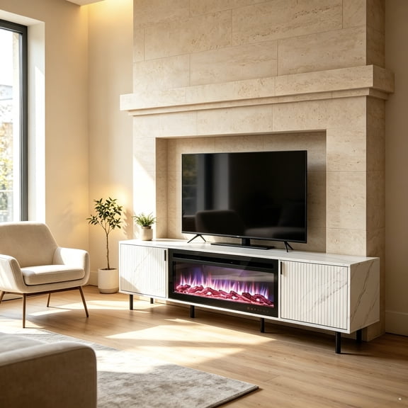 CANVORA 70" Fireplace TV Stand with 36" Electric Fireplace, Modern Fluted Marble Top Entertainment Center, Media Console with Metal Legs for TVs Up to 80", White