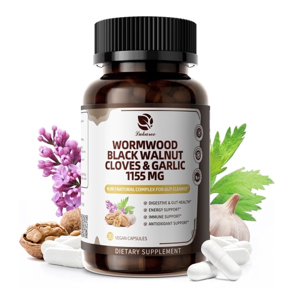 Wormwood Black Walnut 1155mg for Gut Cleanse & Digestive Health, w/ Pumpkin Seed Oil, Clove, Activated Charcoal, 60 Vegan Capsules by Lukaree