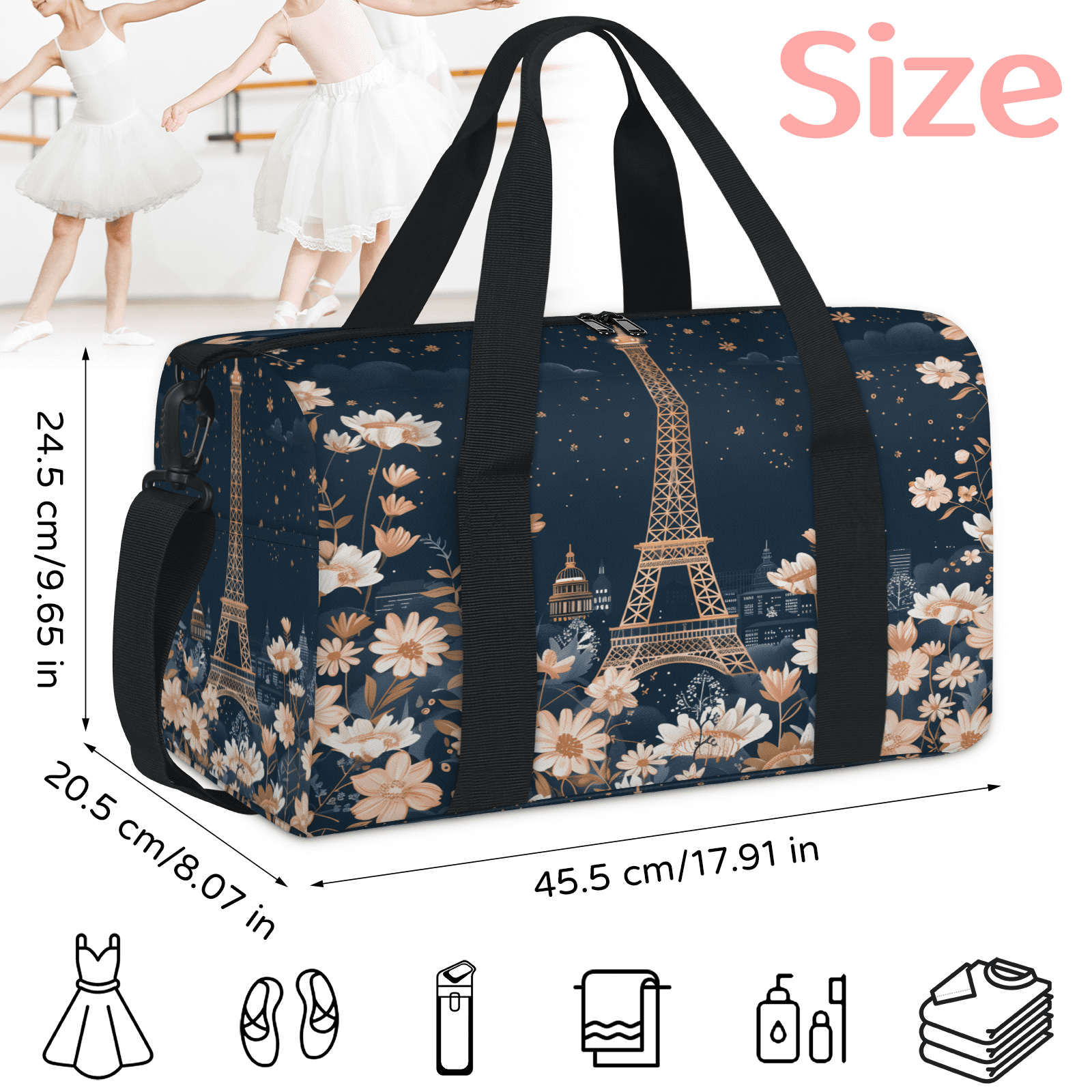 Herdesigns Paris Eiffel Tower Gym Bag for Women, Duffle Bag for Travel Sport, Flower Lightweight Waterproof Carry on Weekender Dance Yoga Workout Bags