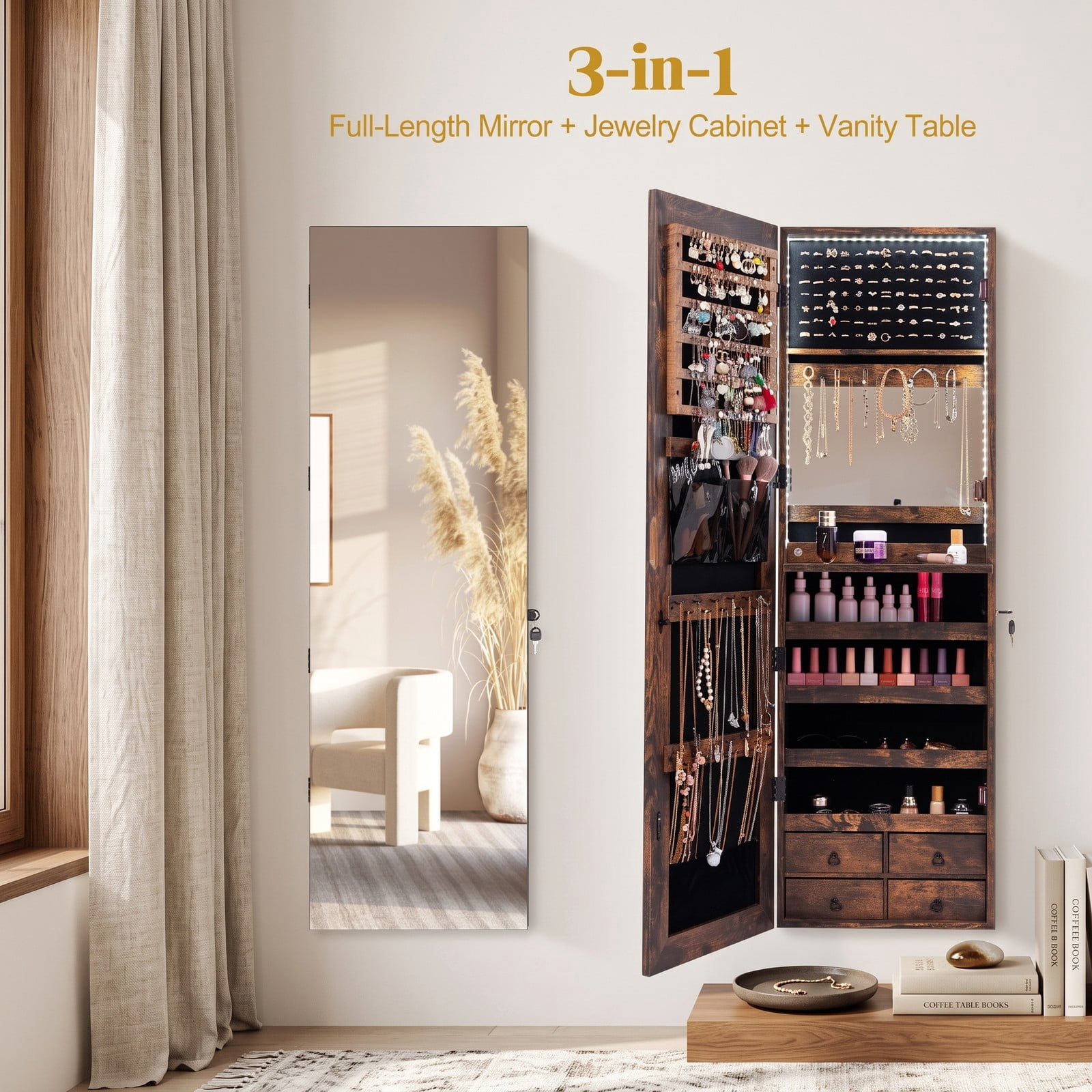 Furnibear Wall and Door Mounted Jewelry Cabinet with Full-Length Mirror, 4 Drawers, and 96 LED Lights for Bedroom Storage, Rustic Brown