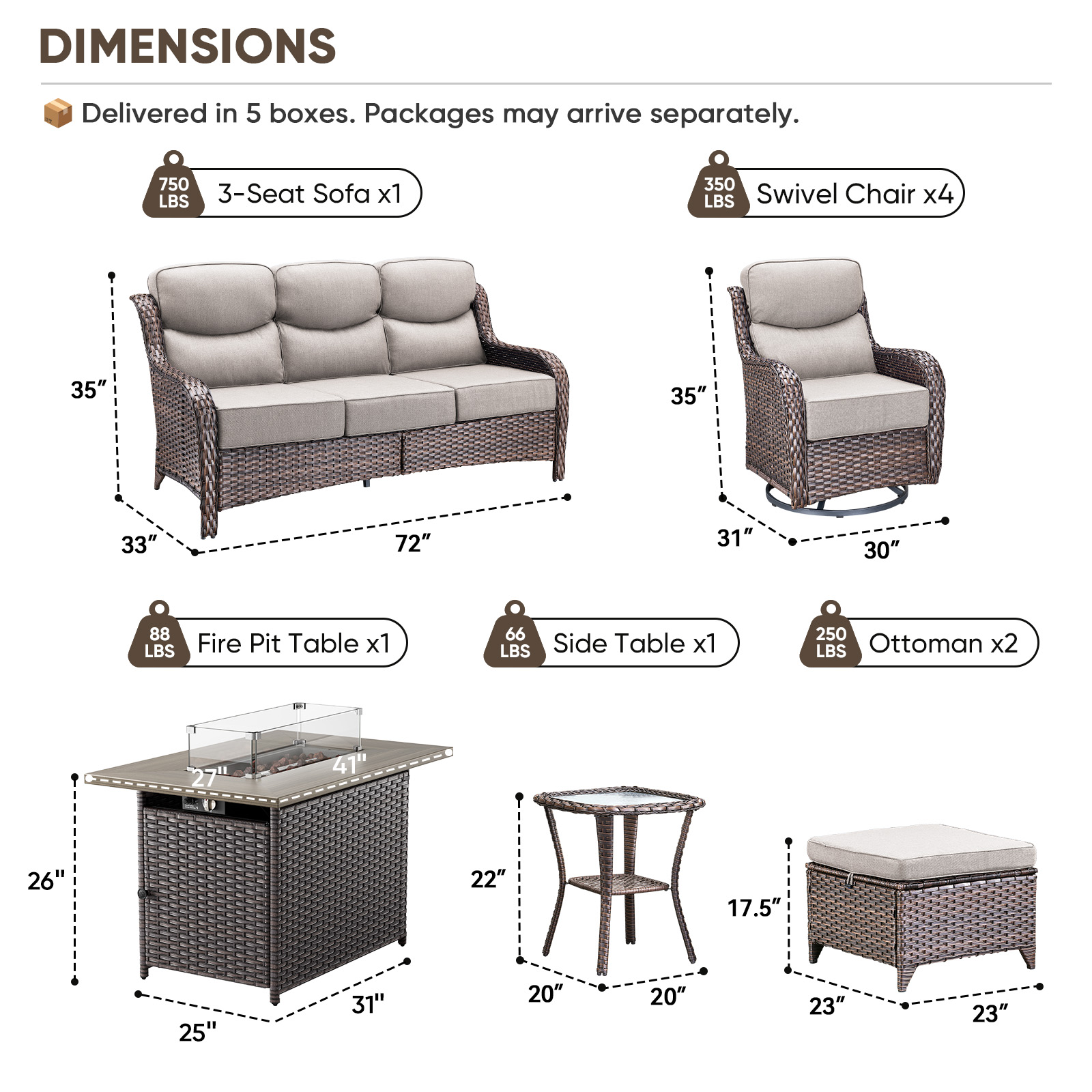 Planntonneo 9pcs Patio Furniture Set with Fire Pit Table, Rattan Sofa with Swivel Chairs, Ottomans, Side Table and 41" Propane Fire Table Rectangular, 6inch Thickened Beige Cushions, Brown Wicker