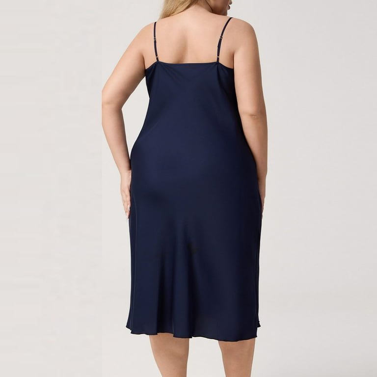 Voncos Women's Curvy Silky Slip Dress - Cowl Neck Thin Straps Midi Nightgown, Wrinkle-Free Cozy Sleep Dress Loungewear Blue 2XL