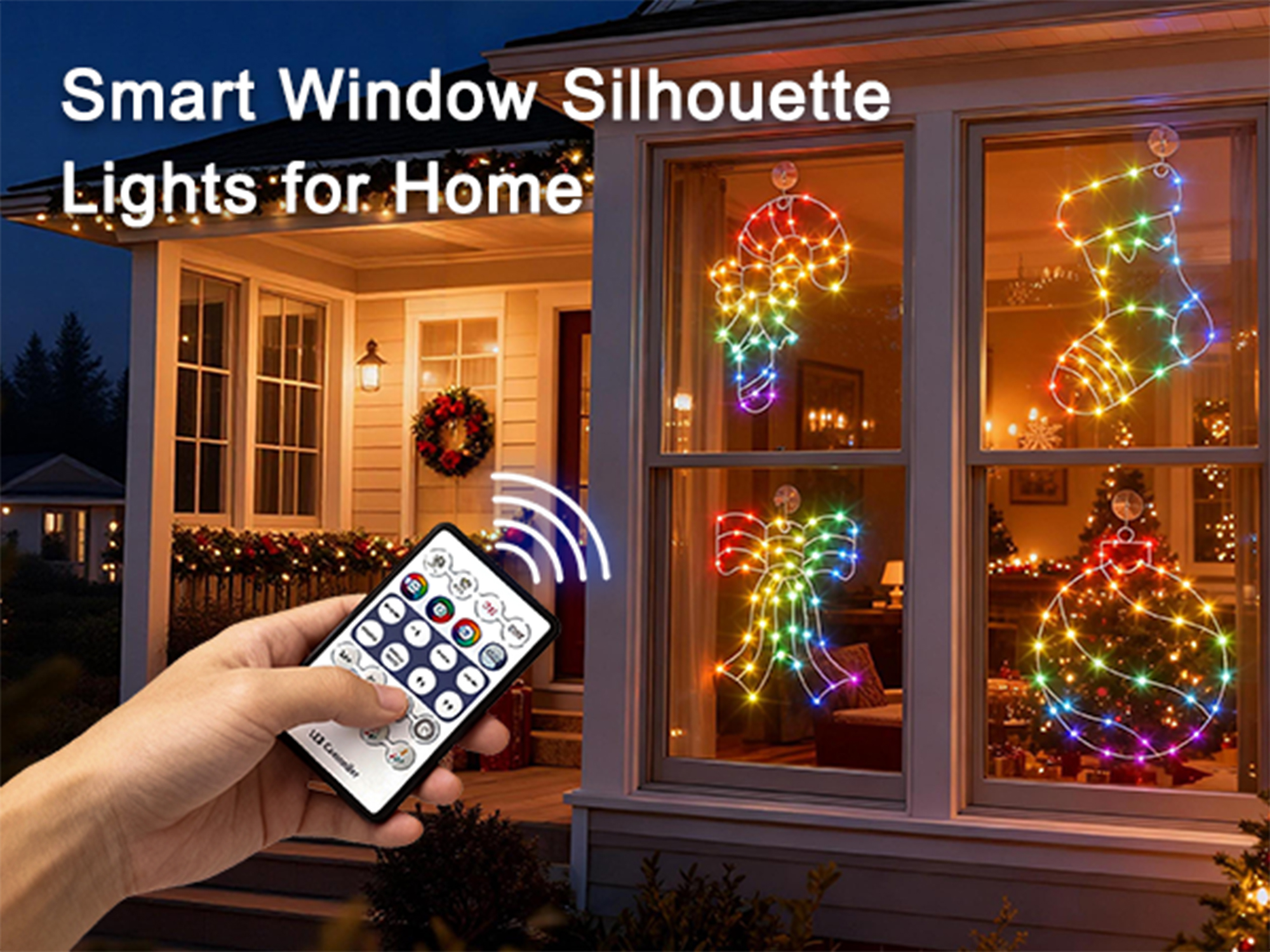 Beatineon Christmas Window Silhouette Lights, APP Controlled RGB Indoor Motif Lights with 4 Festive Designs(Ball,Socks,Crane,Bow), Remote, Timer & Music Sync for Holiday Home Decor