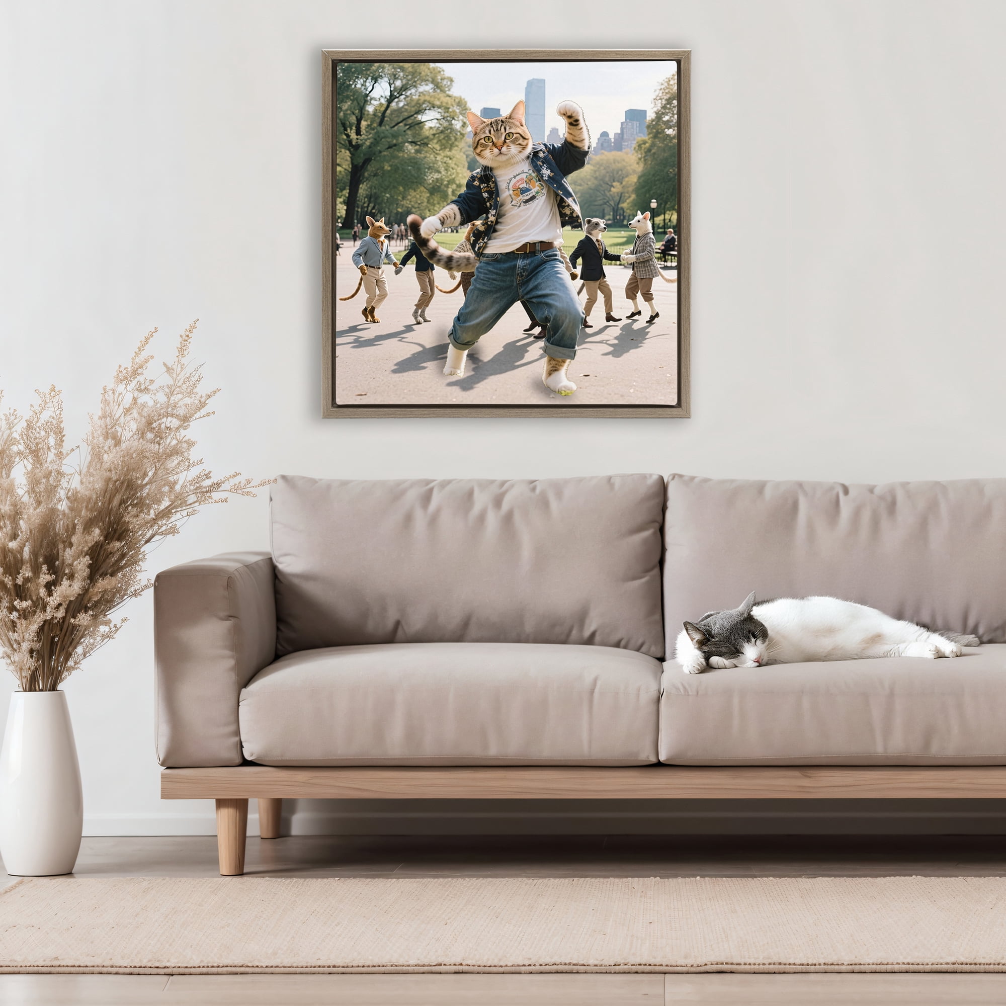Stupell Industries Stylish Cat Dancing in Park Brown Framed Floater Canvas Wall Art, design by CAD Designs