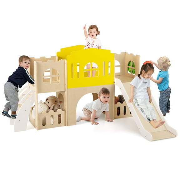 Gymax 7-in-1 Toddler Slide Set Wooden Castle-Shaped Entertainment Activity Center