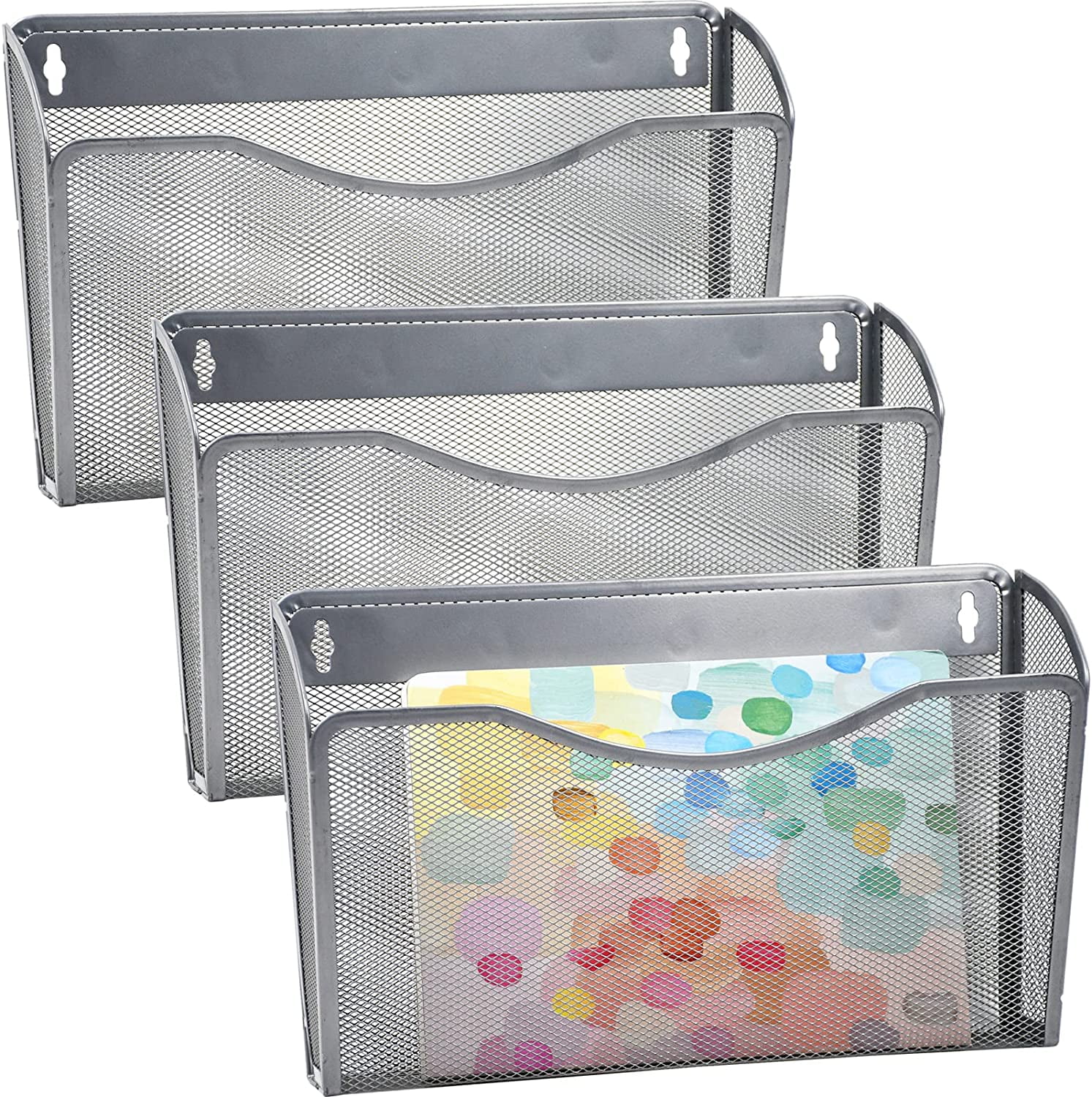 Wall Mount File Organizer Single Pocket Vertical Hanging File Folders Holder Paper Rack for Office Home, Silver