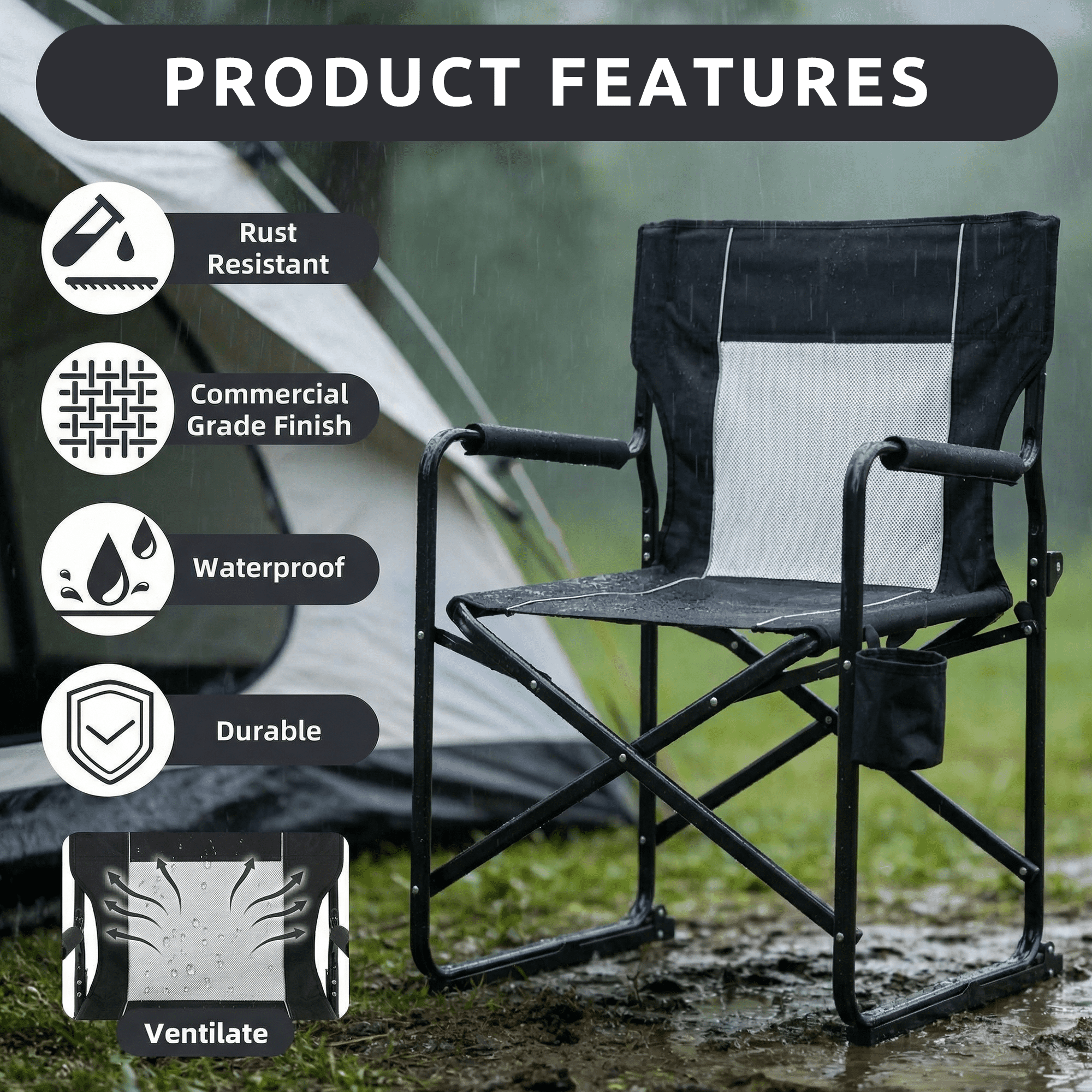 LIFERECORD Outdoor Rocker Camping Chair, Portable Folding Rocking Chair Waterproof Cup Holder, Mesh Back for Patio Beach Sports Events