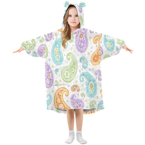 Kids Wearable Blanket Hoodie with 2 Pockets Colorful Paisley Pattern Oversize Blankets Sweatshirt for Children Small