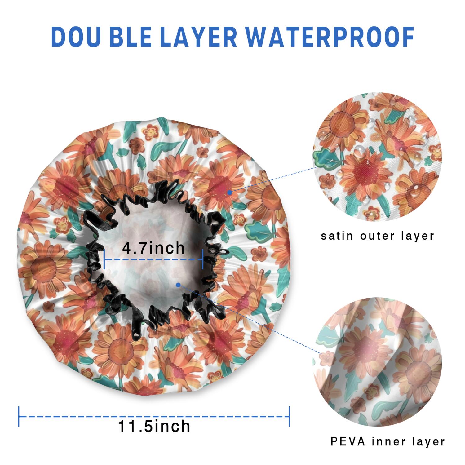 Shower Caps,White Orange Sunflower Green Leaf Pattern Waterproof Shower Cap for Women 4 Pieces,Double Reusable Hair Cover for Shower PEVA Elastic Stretch Hem