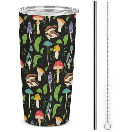 

20oz Black Mushroom Tumbler - Stainless Steel Travel Mug with Straw - Valentine’s & Birthday Gift