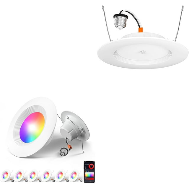 6 Pack 5/6 Inch Smart WiFi LED Recessed Can Lights with RGBCW Color Changing and 1 Pack 5CCT Motion Sensor Recessed Light, APP Control, IC & ETL