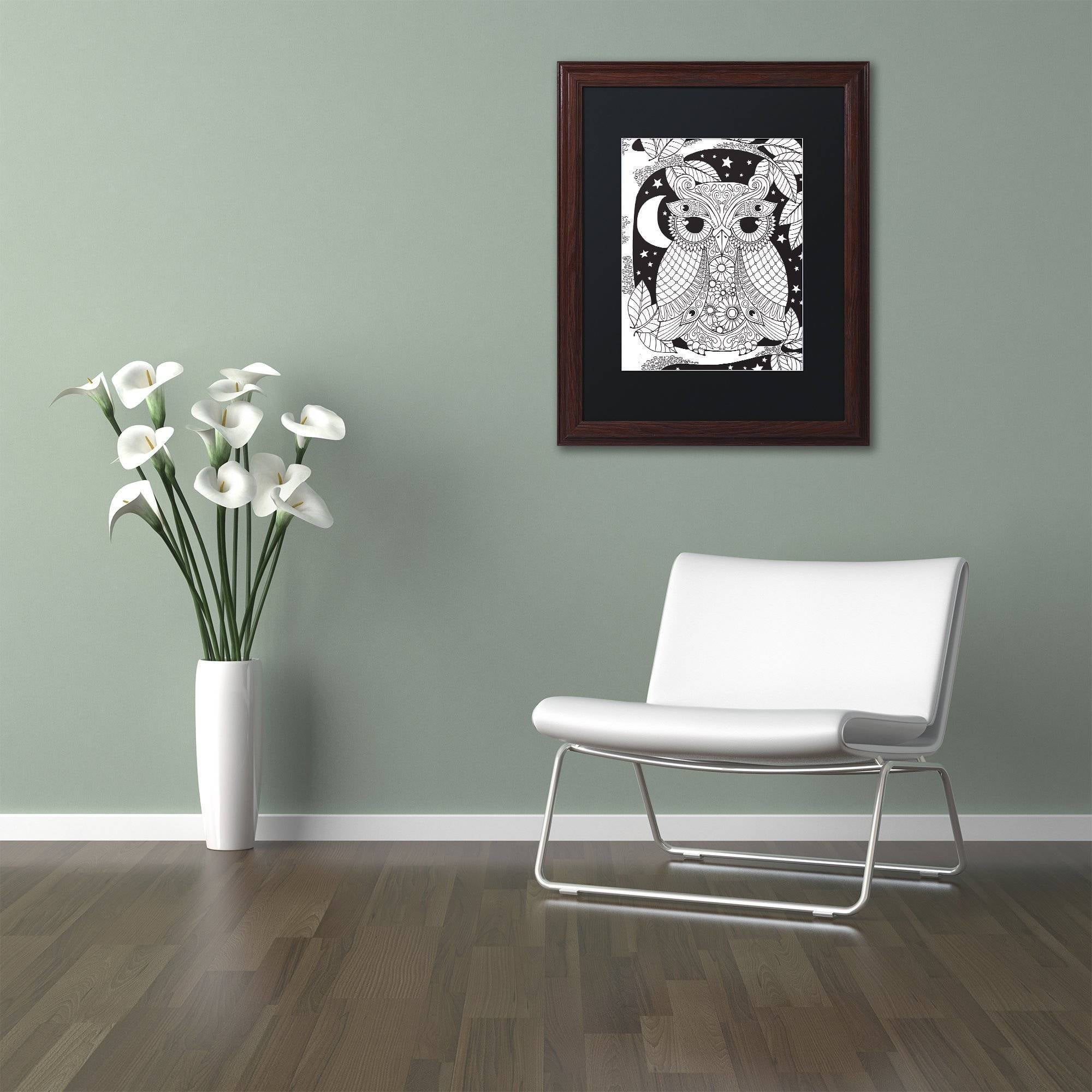 Trademark Fine Art "Owl on a Branch" Canvas Art by Hello Angel, Black Matte, Wood Frame