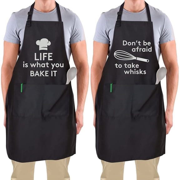 Zulay Kitchen 2-Pack Funny Aprons for Women Men & Couples Black Apron with Pockets Funny Cooking