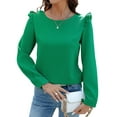 thumbnail image 3 of Women'S Ruffle Shoulder Long Sleeve Blouses Crew Neck Light-Weight 2025 Fall Ribbed Knit Pullover Tops Green L, 3 of 9