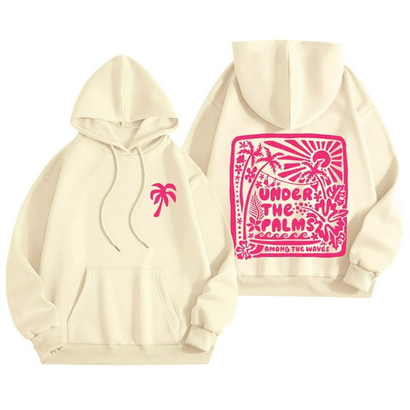 yueewhu Pink Hoodies for Women 2025 Teen Girls Graphic Hoodie Long Sleeve Cute Preppy Sweatshirts Y2K Tops with Pockets (Beige, XXL)