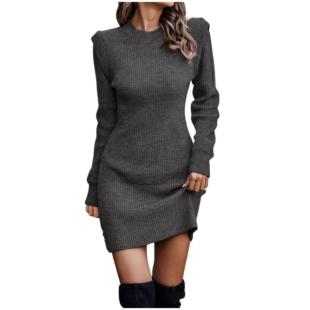 cfhntfmh Robes d'Automne pour Femmes Douces à Manches Longues Col Ras du Cou Robe Chandail en Tricot Décontractée Couleur Unie Moulante Grande Taille Robe Mini