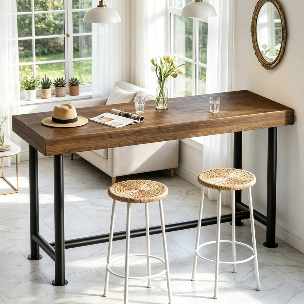 Solid Wood Bar Height Dining Table, Industrial Metal Legs, 66.5 in L