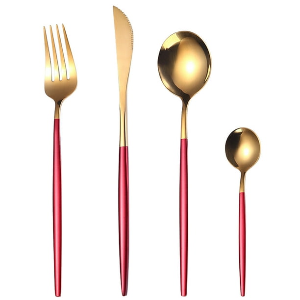 4PCS Juego de cubiertos de acero inoxidable - Oro Diseño Europeo - Steak Tenedor Cuchara Cocina Comedor