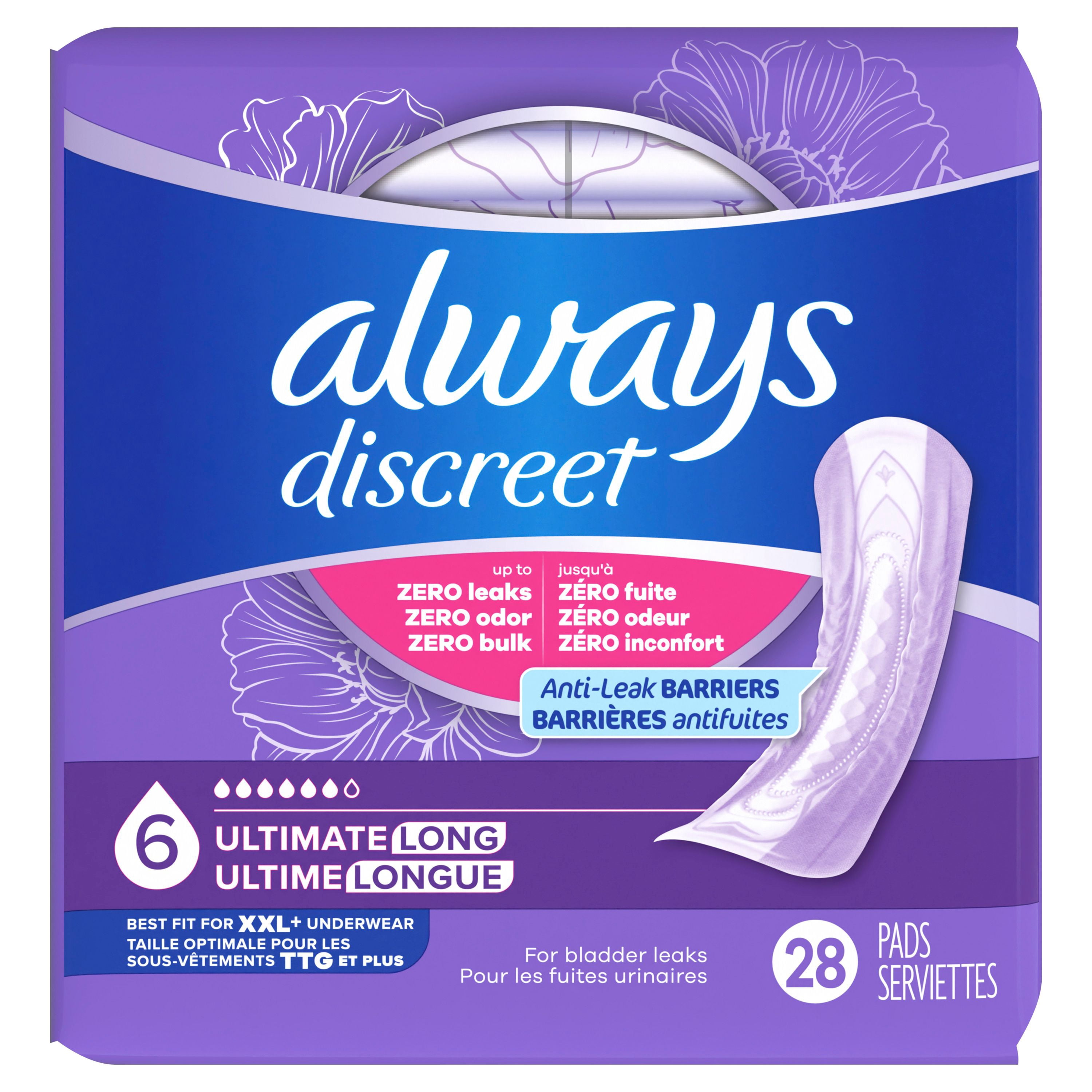 Serviettes d’incontinence Always Discreet pour femmes adultes, degré d’absorption suprême, longues, serviettes de post-partum, 28 serviettes