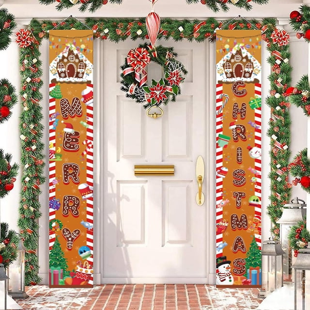 Señal de porche de casa de jengibre con mensaje de Feliz Navidad, decoración de puerta de pared para fiesta de intercambio de galletas de Navidad y dulces