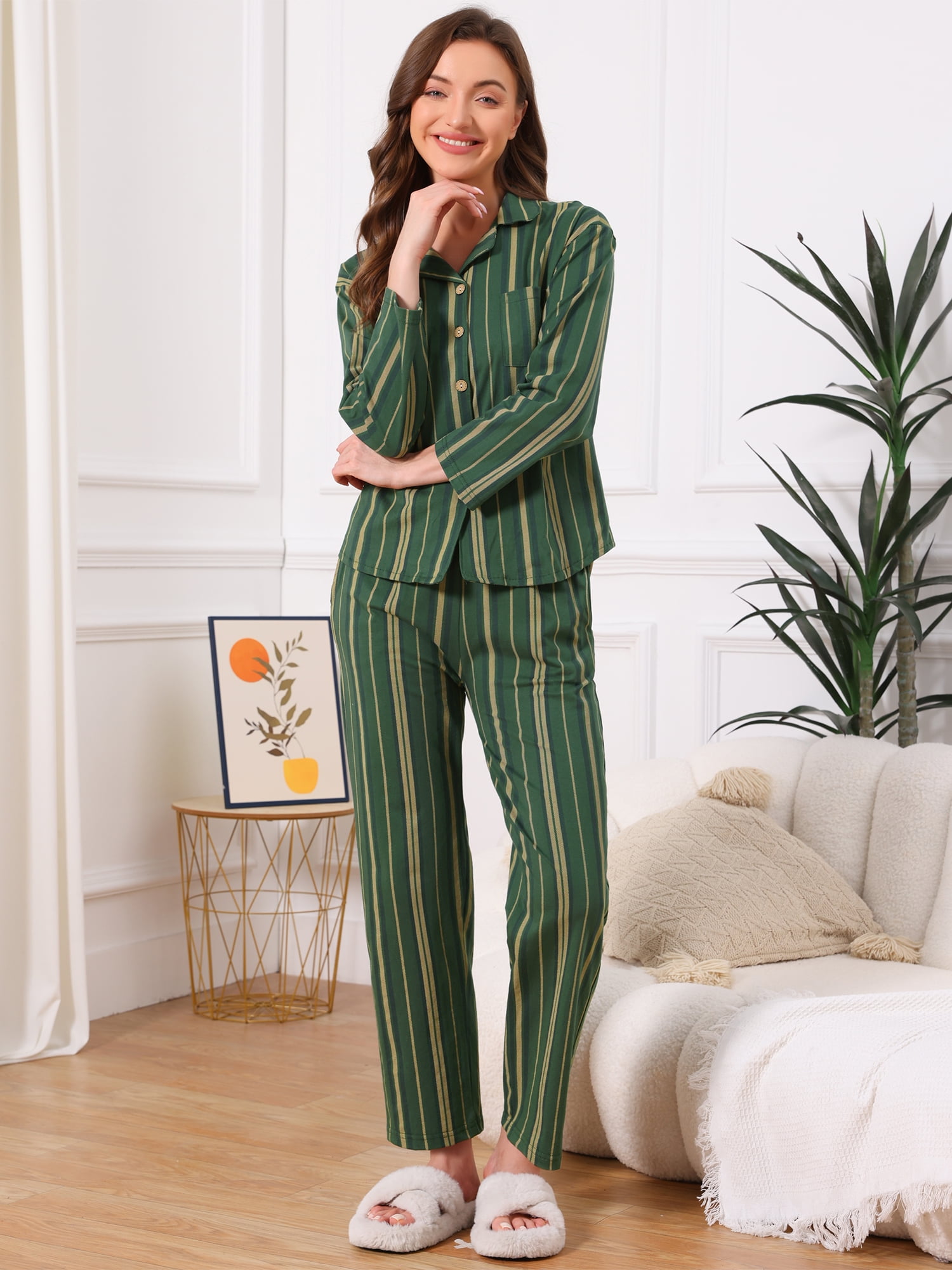 DARING DIVA Cotton Pajamas Button Down Pants Loungewear Set M Green